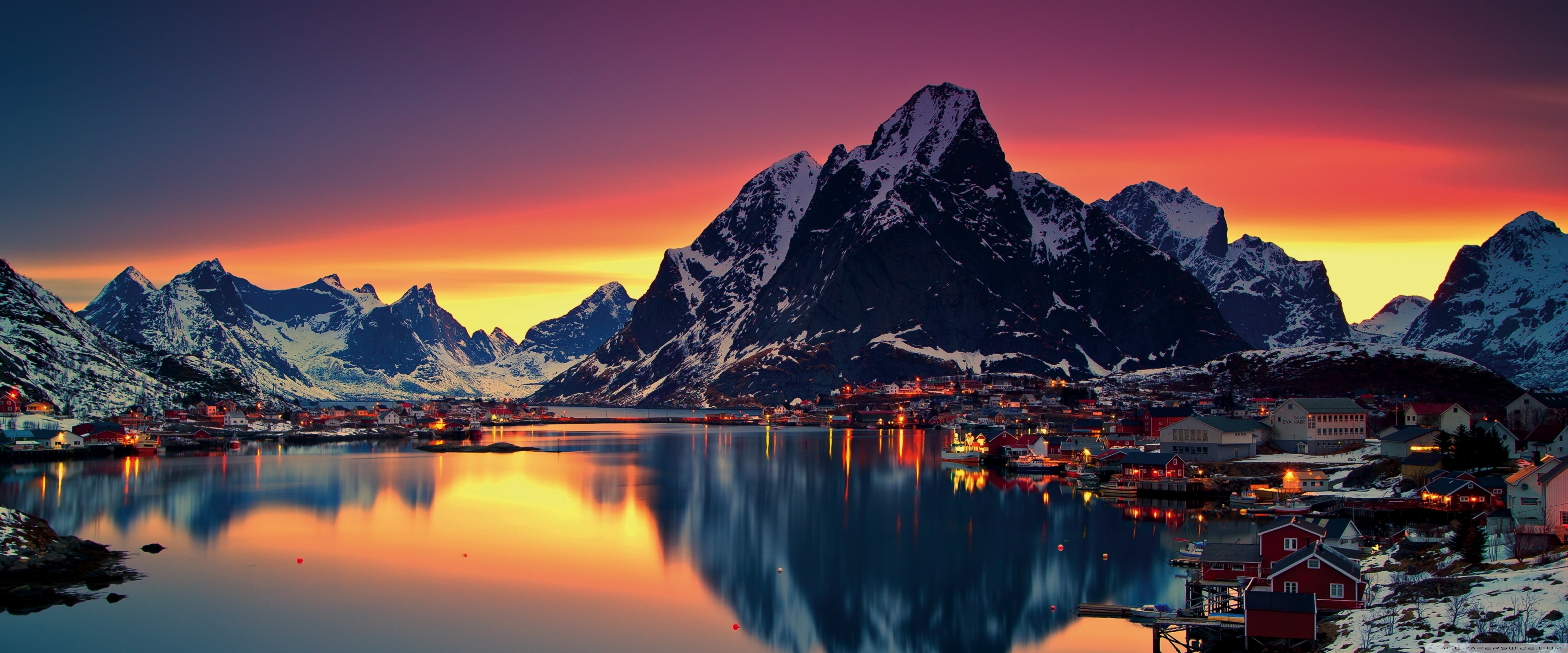 Ultra Wide Mountain Wallpaper: Fjord Sunset Reflection – free HD wallpaper