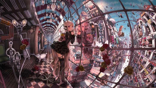 Anime City Wallpaper: Neon Skybridge Scene