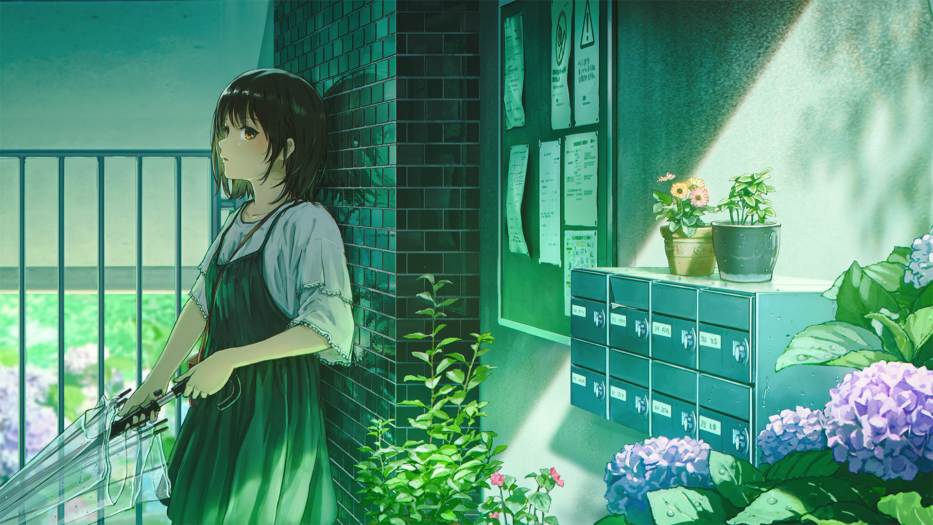 Anime Girl in a Quiet Courtyard Wallpaper