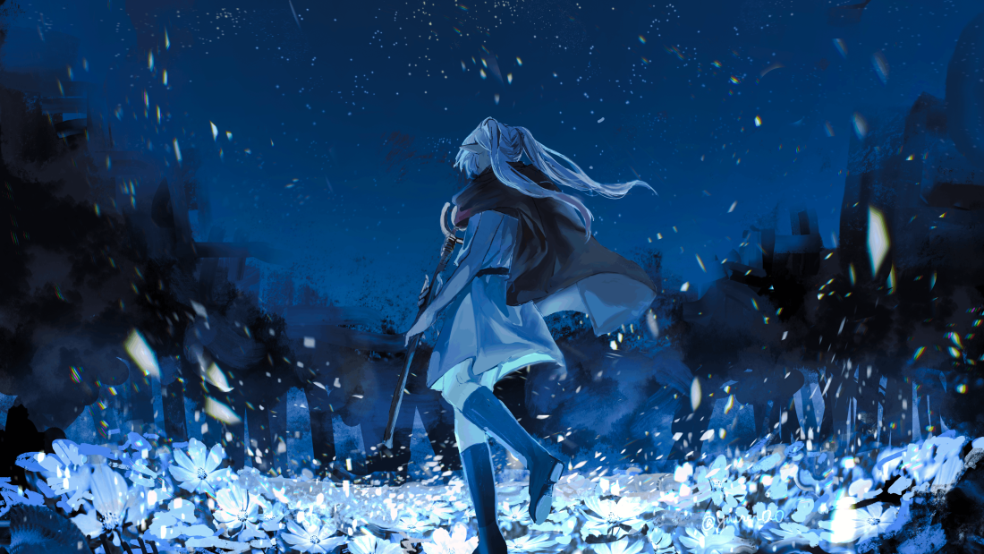 blue-anime-night-scene-glowing-flowers-wallpaper-3840×2160