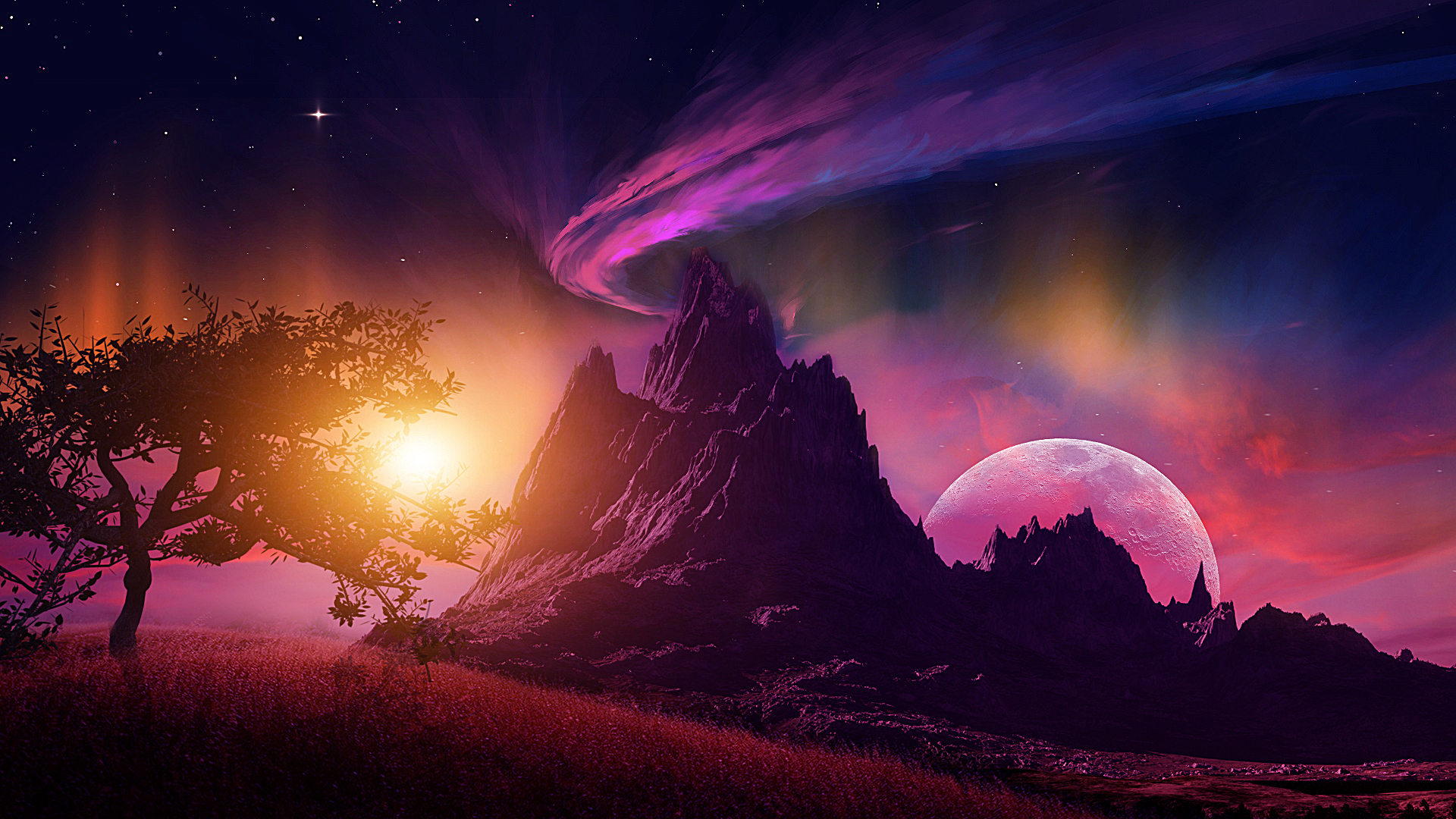 Fantasy Mountain Moonlight Wallpaper