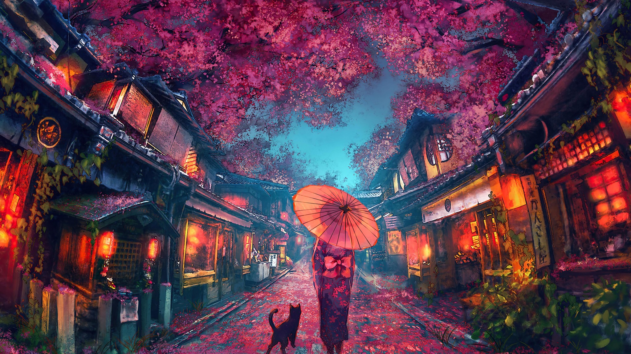 Cherry Blossom Lantern Street Wallpaper