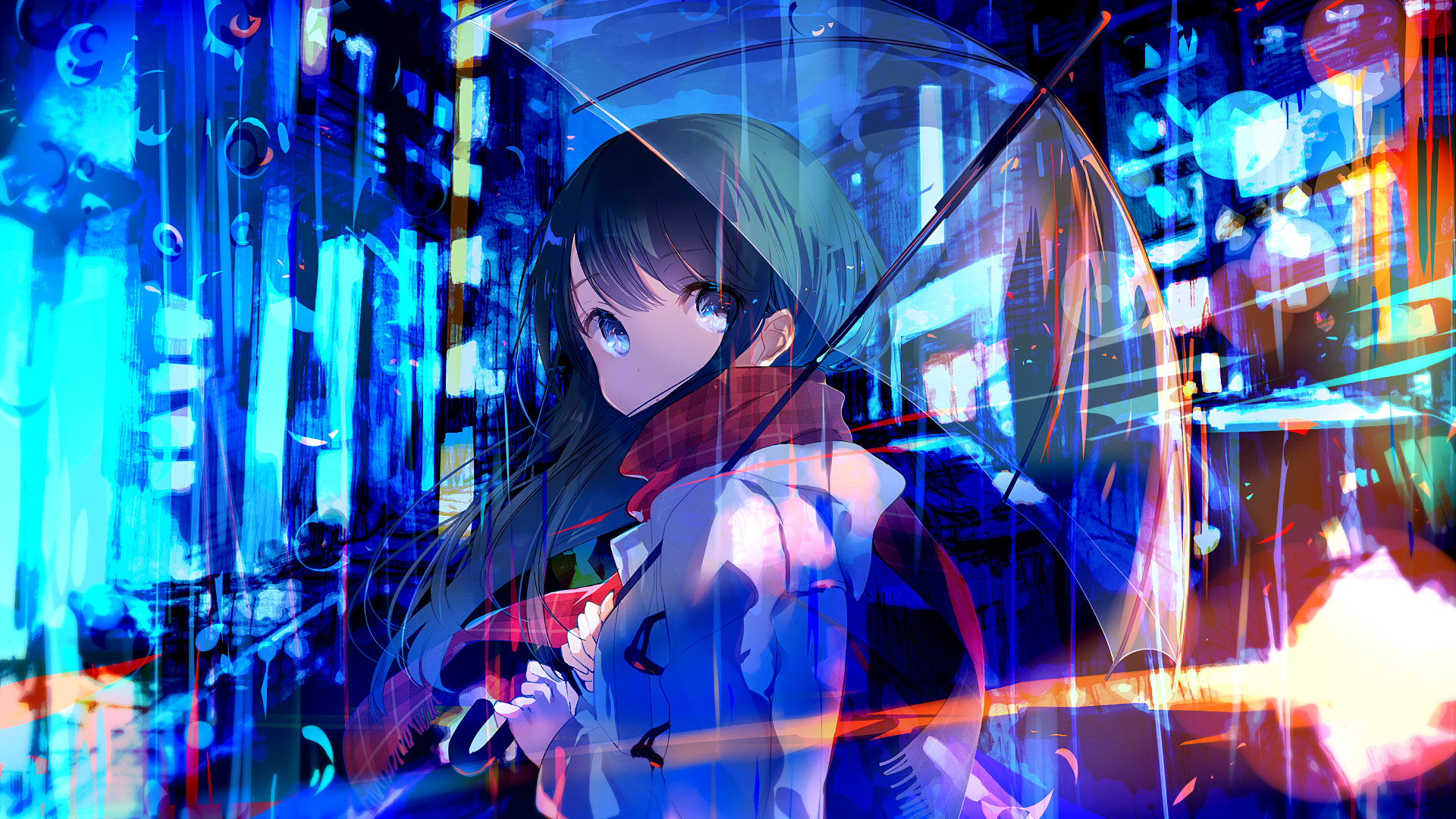 Rainy Neon Anime City Wallpaper