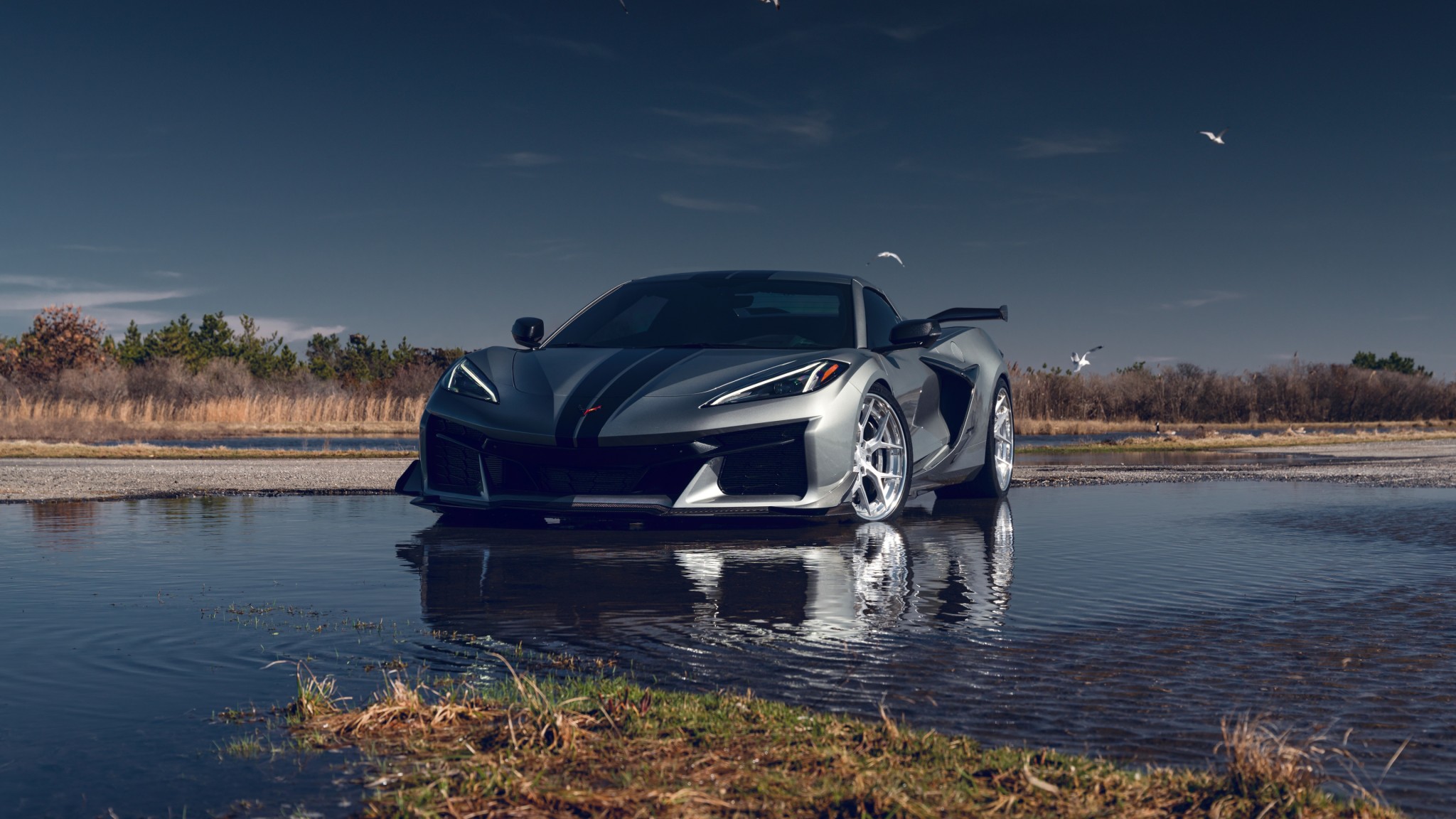 Silver Corvette Reflection Wallpaper