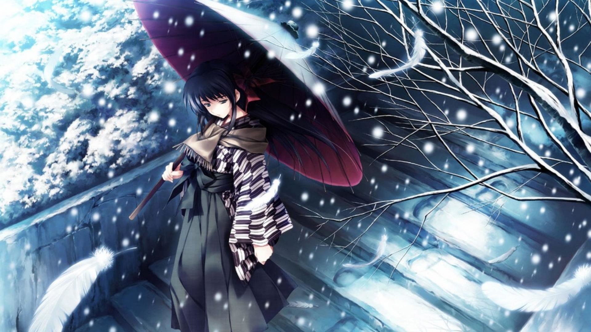 Snowy Anime Girl Umbrella Wallpaper