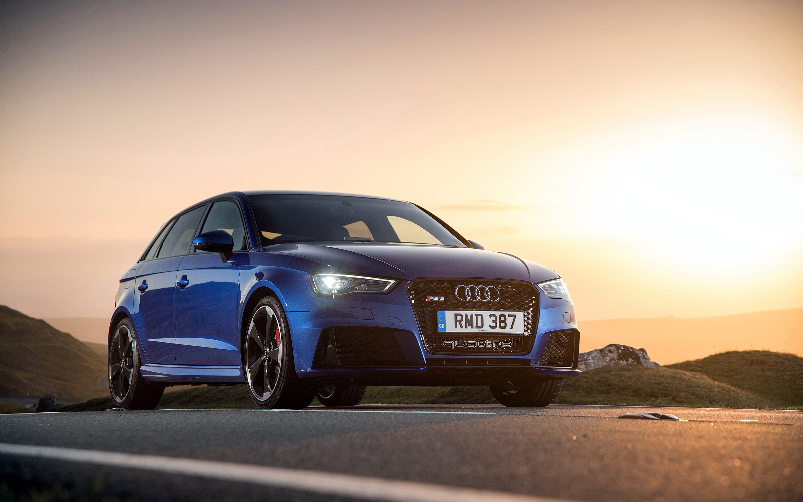 Blue Audi Sunset Road Wallpaper – free HD wallpaper