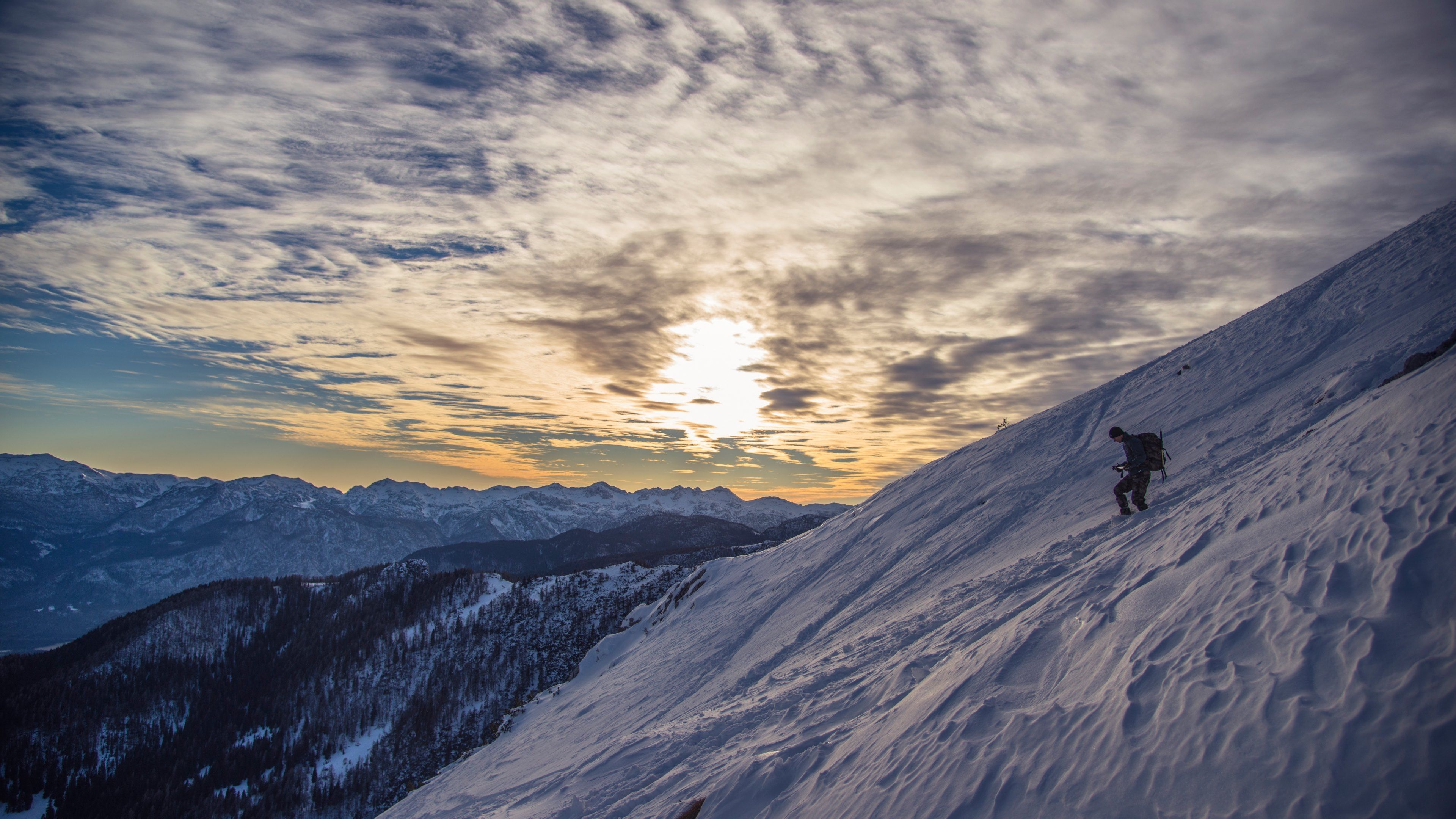 Snowy Alpine Climb Sunset Wallpaper – free HD wallpaper