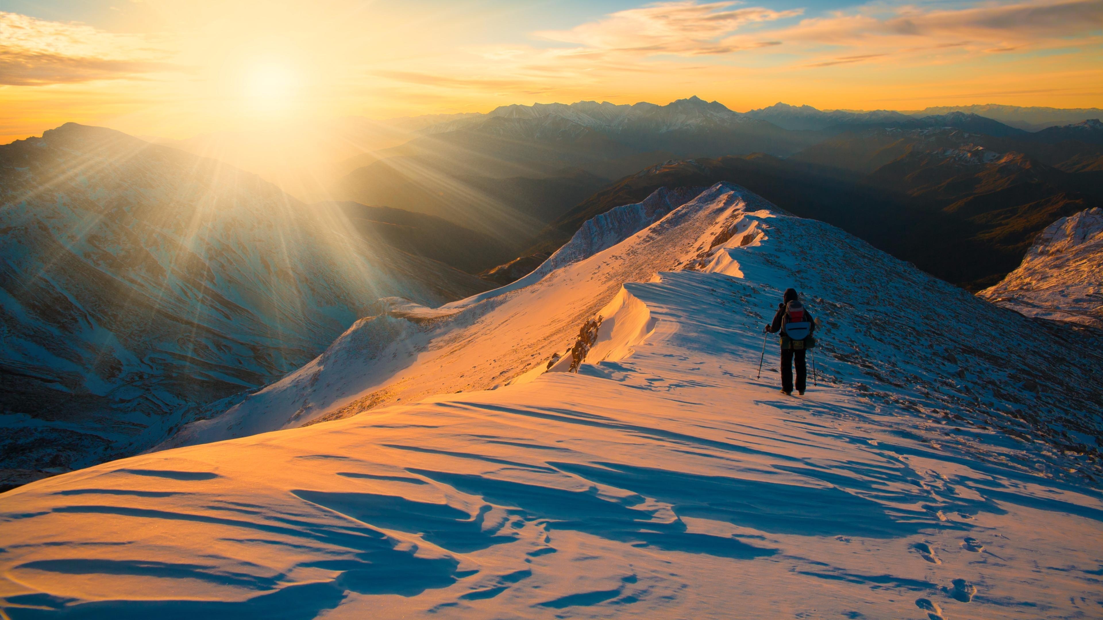 Snowy Mountain Sunrise Hiking Wallpaper – free HD wallpaper