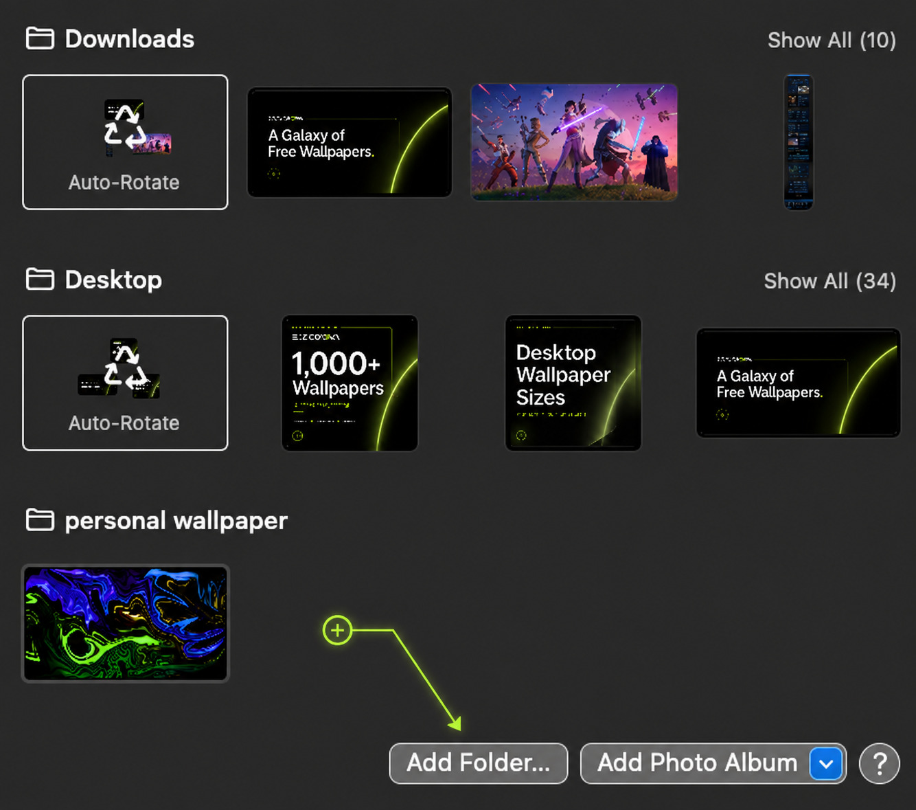 Mac Wallpaper settings showing a personal wallpaper folder with an arrow pointing to the Add Folder button