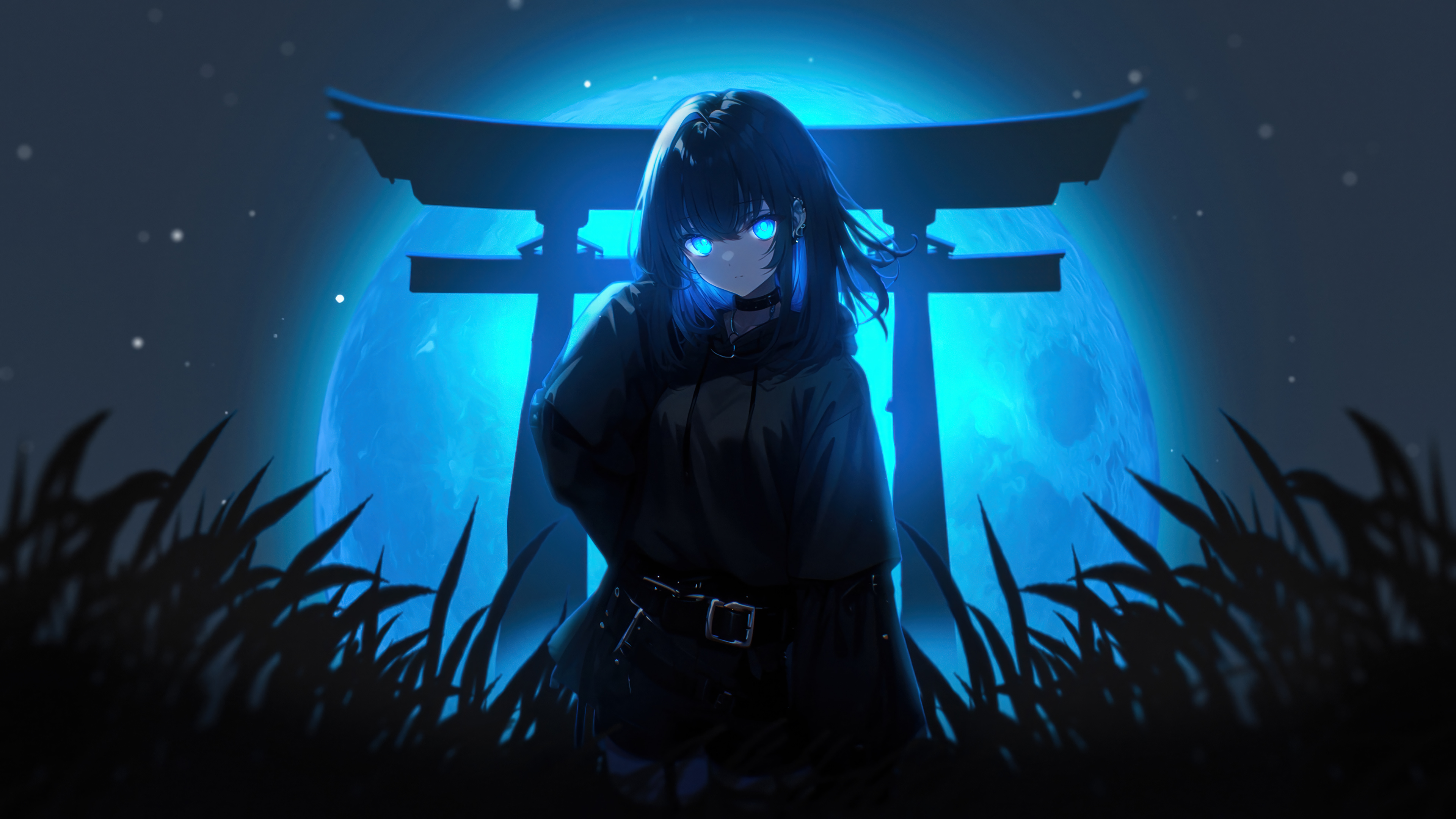 Blue Anime Moon Girl 4K Wallpaper