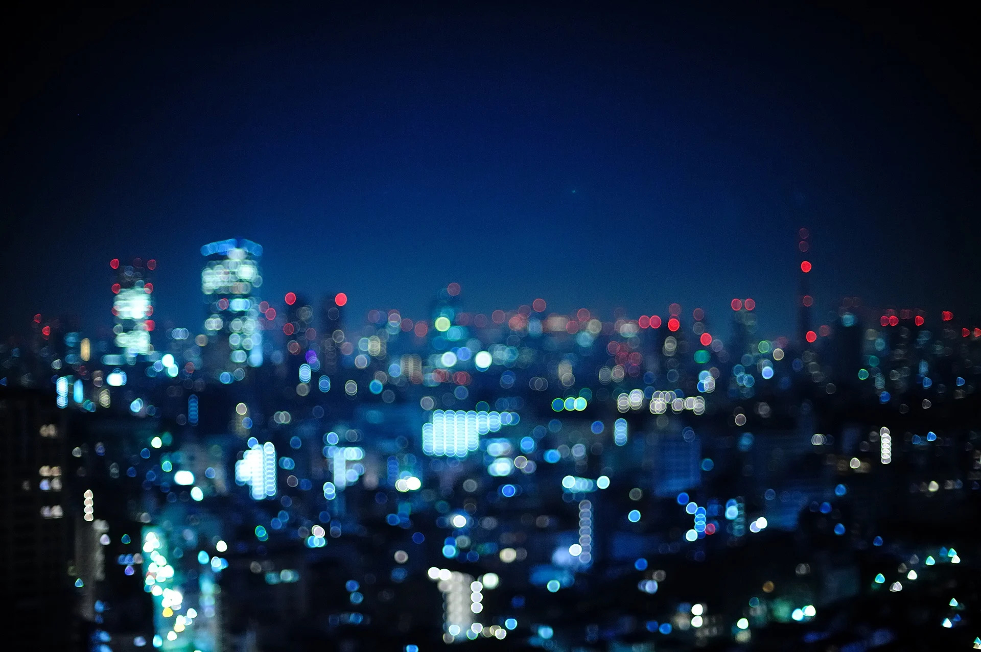 Blue City Lights Bokeh Night Wallpaper