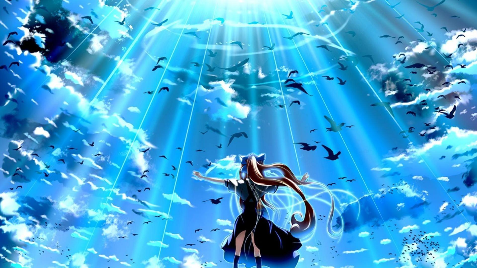 Blue Sky Anime Girl Birds Wallpaper – free HD wallpaper