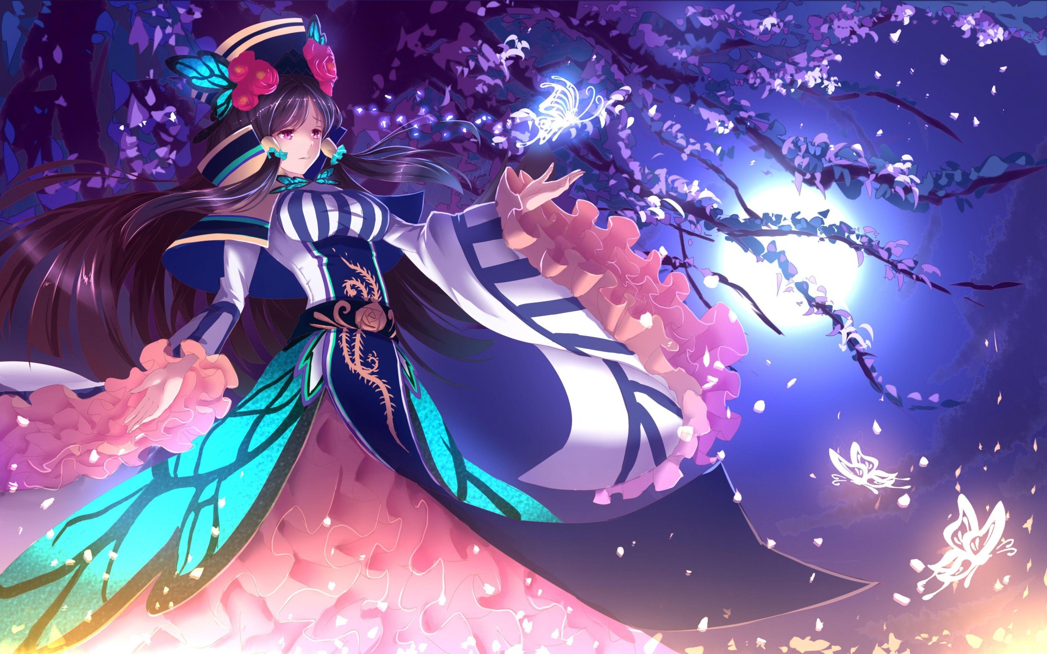 Butterfly Anime Girl Moonlight Wallpaper