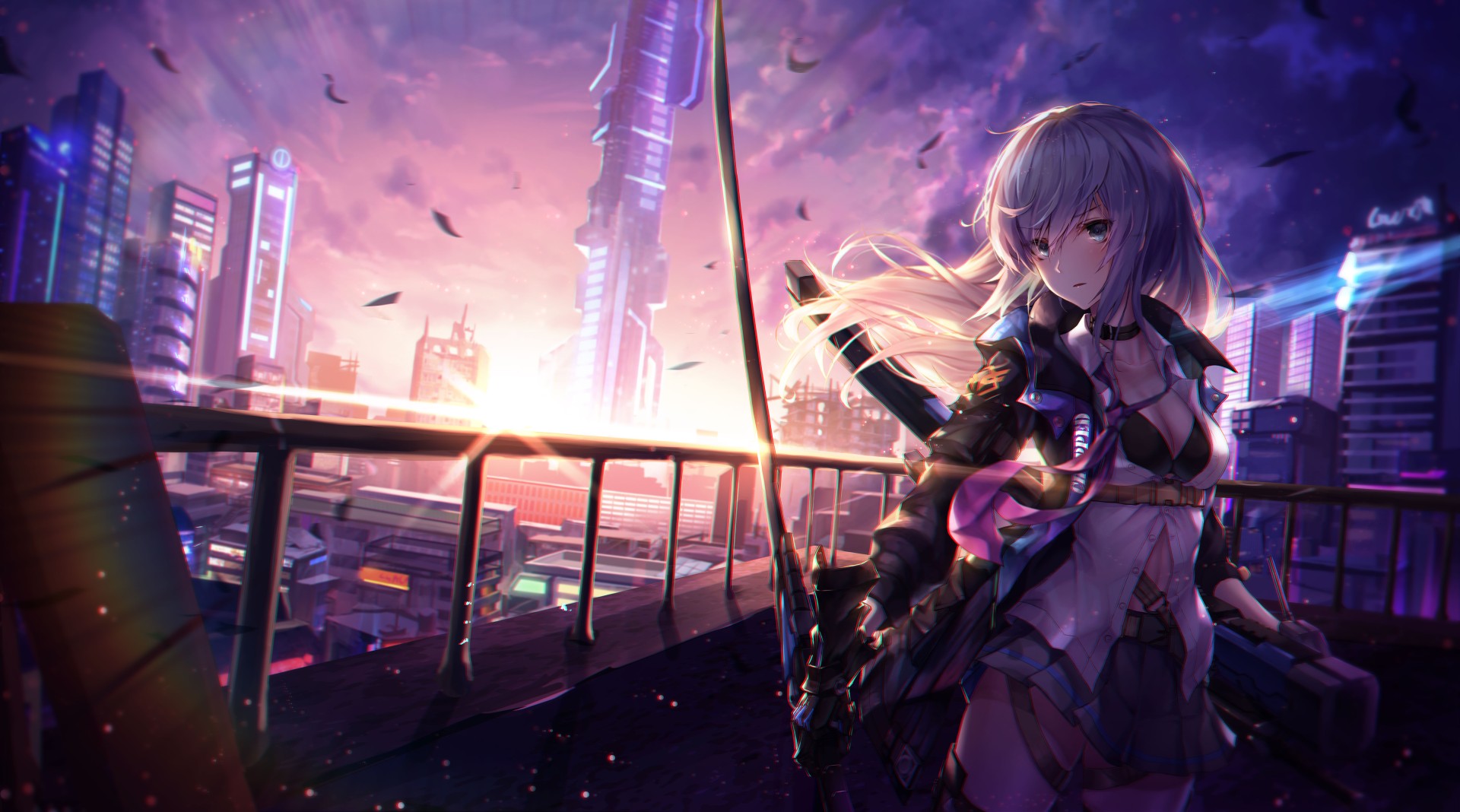 Cyberpunk Anime Girl Rooftop Wallpaper – free HD wallpaper