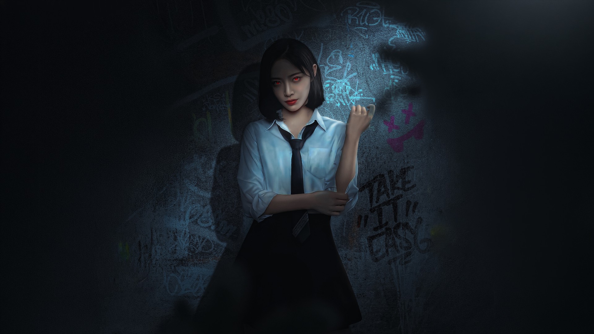 Dark Anime Schoolgirl Red Eyes Wallpaper – free HD wallpaper
