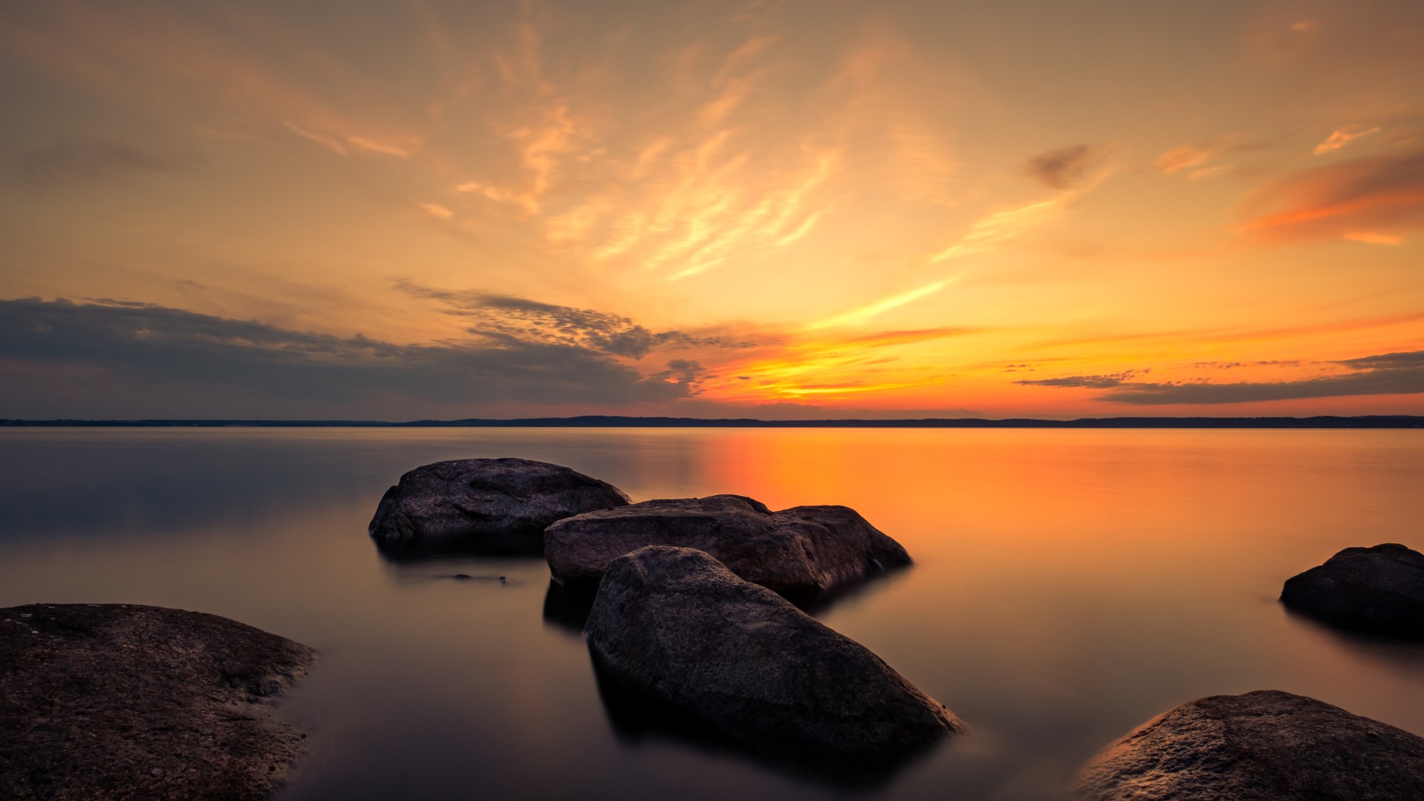 Golden Sunset Lake Rocks 5K Wallpaper