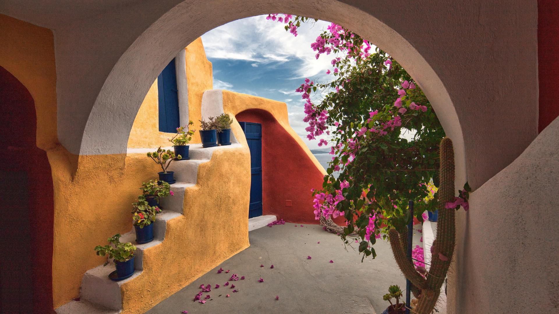 Mediterranean Courtyard Archway Wallpaper – free HD wallpaper