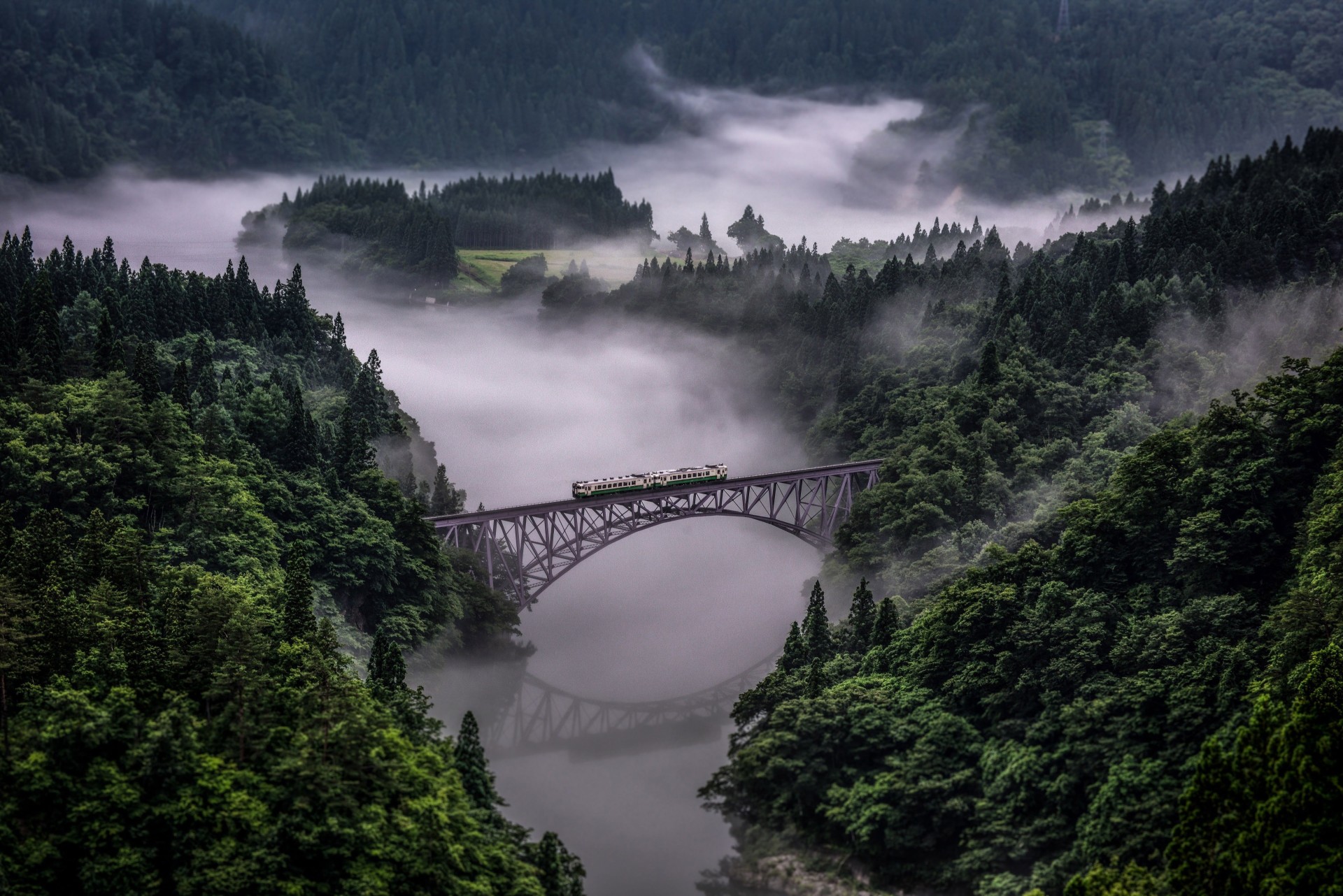 Misty Forest Train Bridge Wallpaper – free HD wallpaper