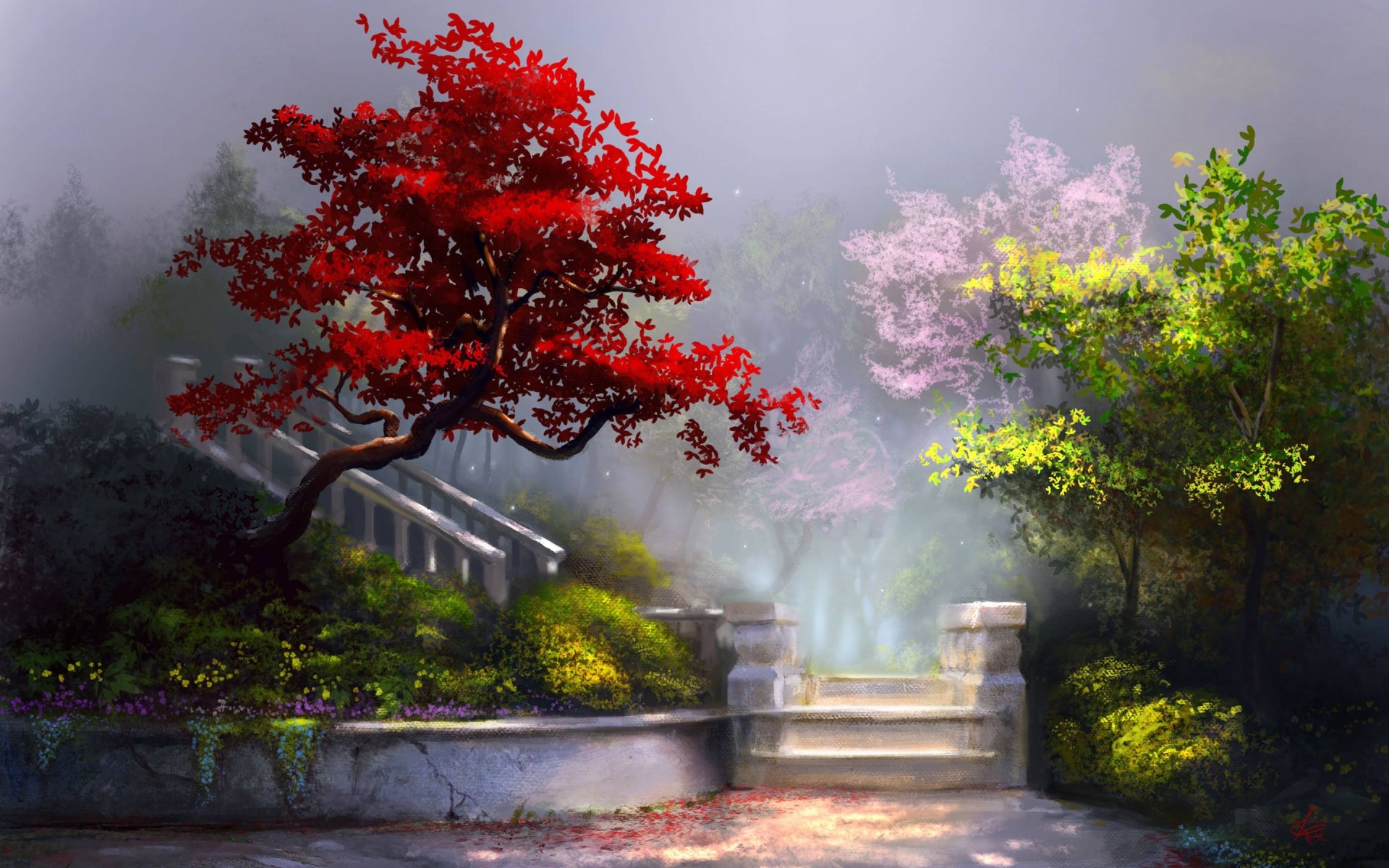 Misty Garden Path Wallpaper – free HD wallpaper