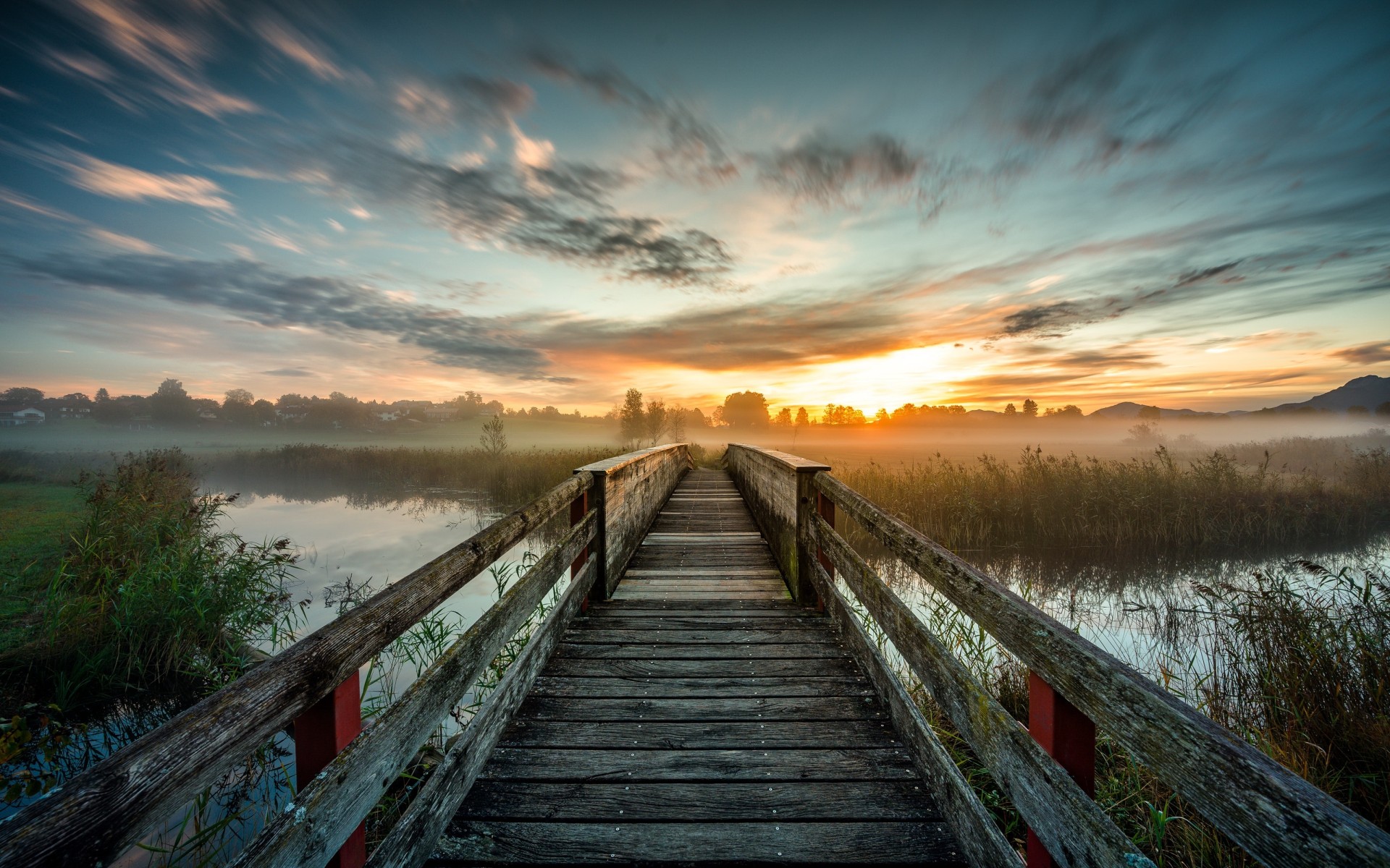 Misty Sunrise Boardwalk Wallpaper – free HD wallpaper