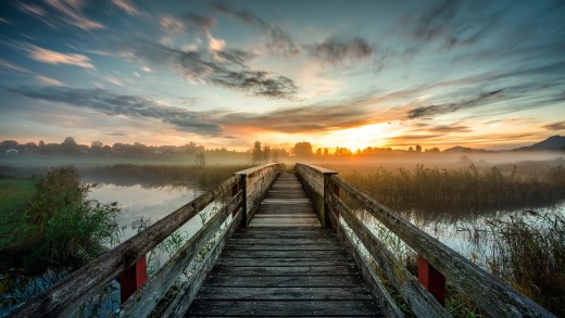 Misty Sunrise Boardwalk Wallpaper
