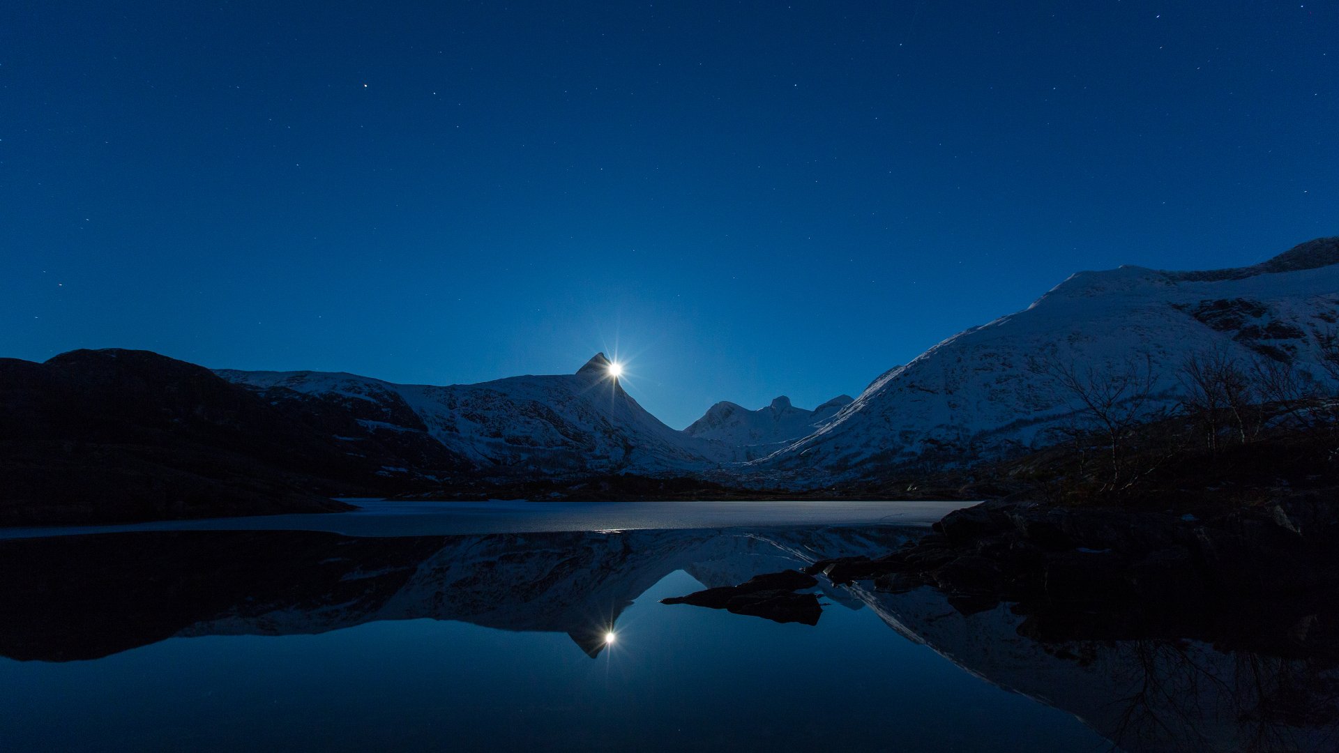 Moonlit Mountain Lake Reflection Wallpaper – free HD wallpaper