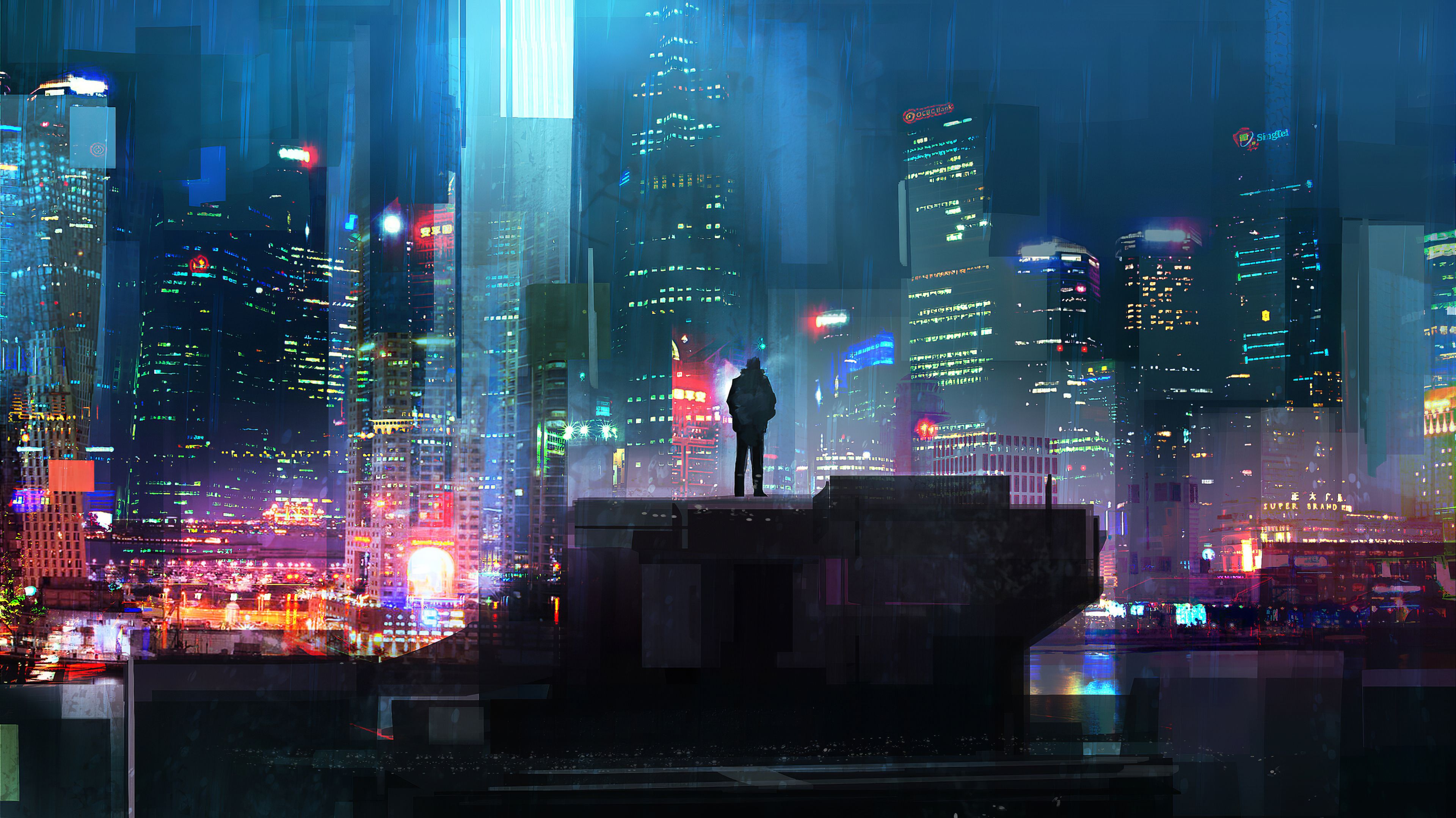 Neon Cyberpunk Rooftop City 4K Wallpaper – free HD wallpaper