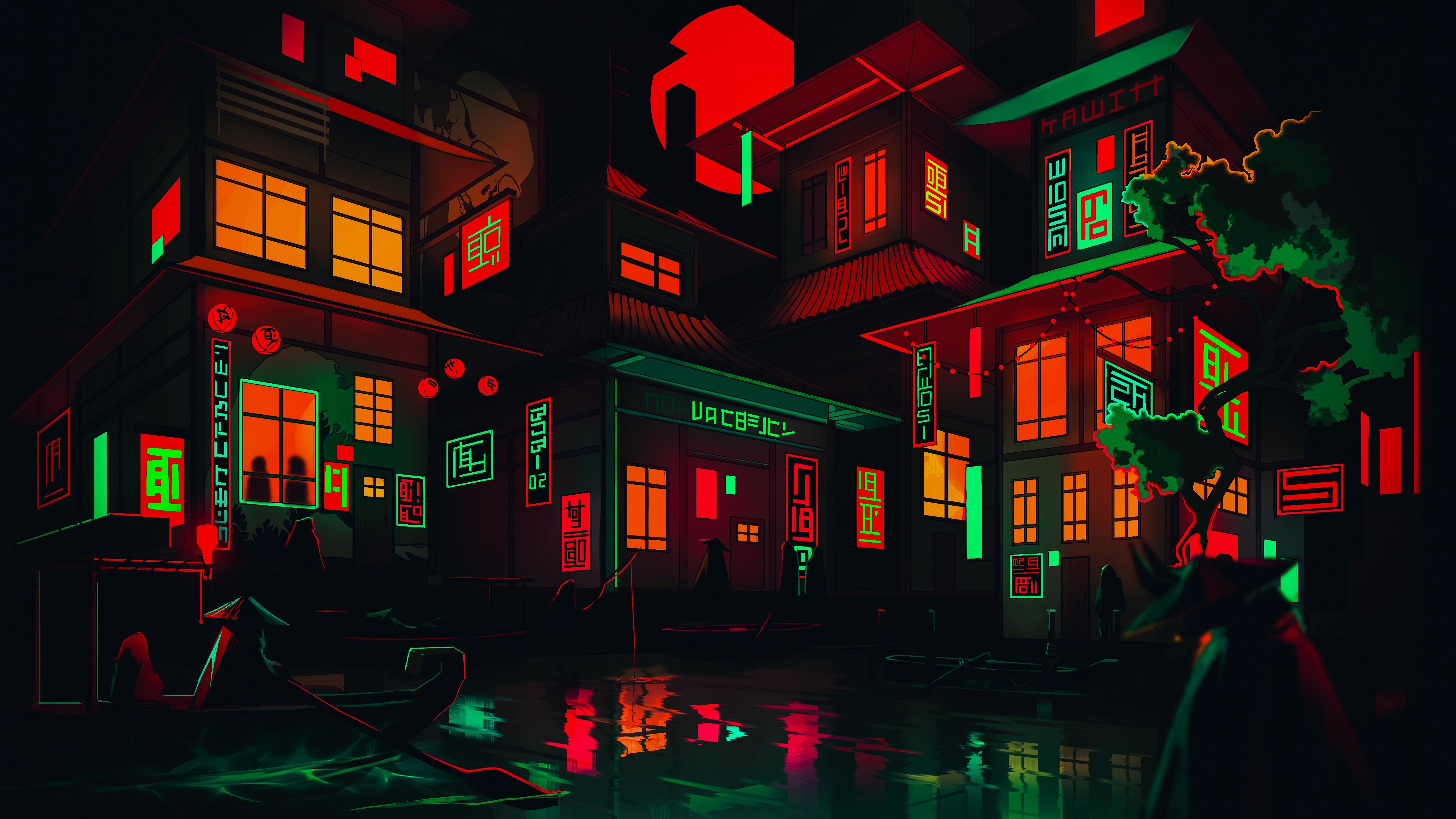 Neon Cyberpunk Village 5K Wallpaper