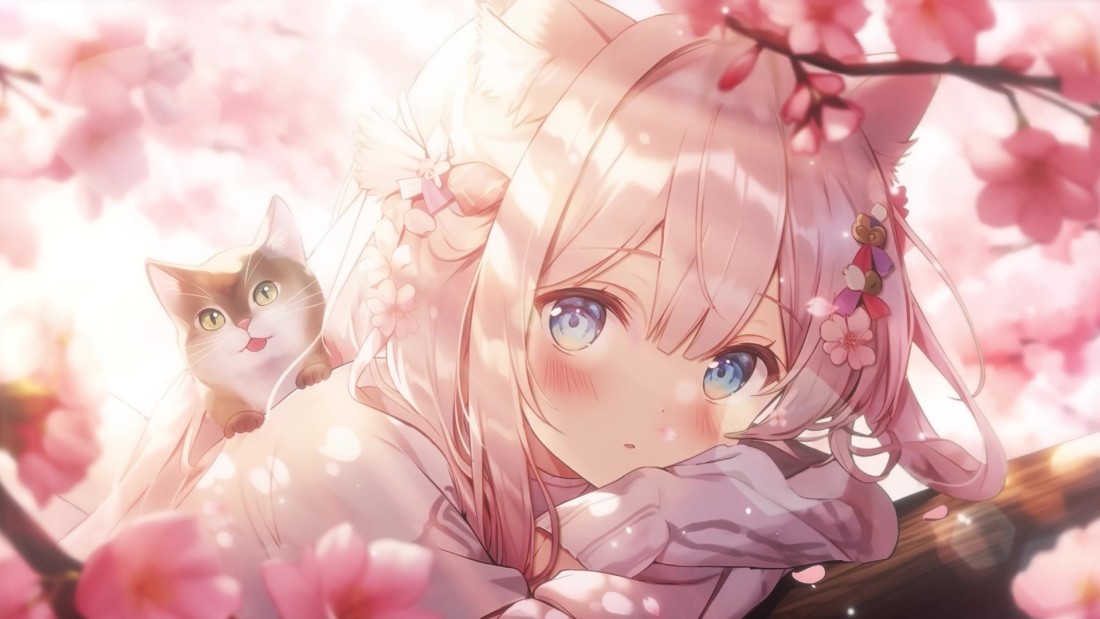pink-anime-cat-girl-blossom-wallpaper-1920×1080