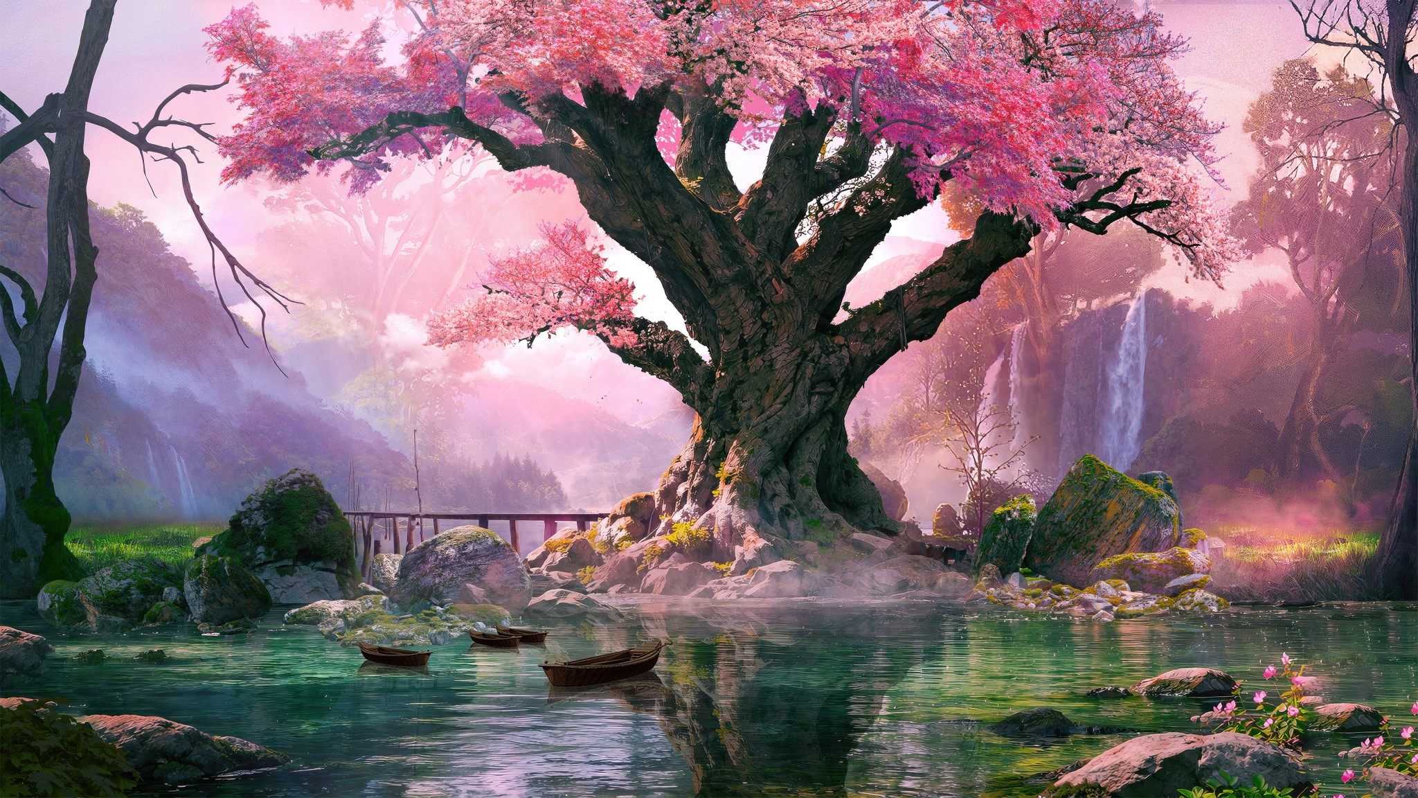 Pink Blossom Fantasy Tree Lake Wallpaper