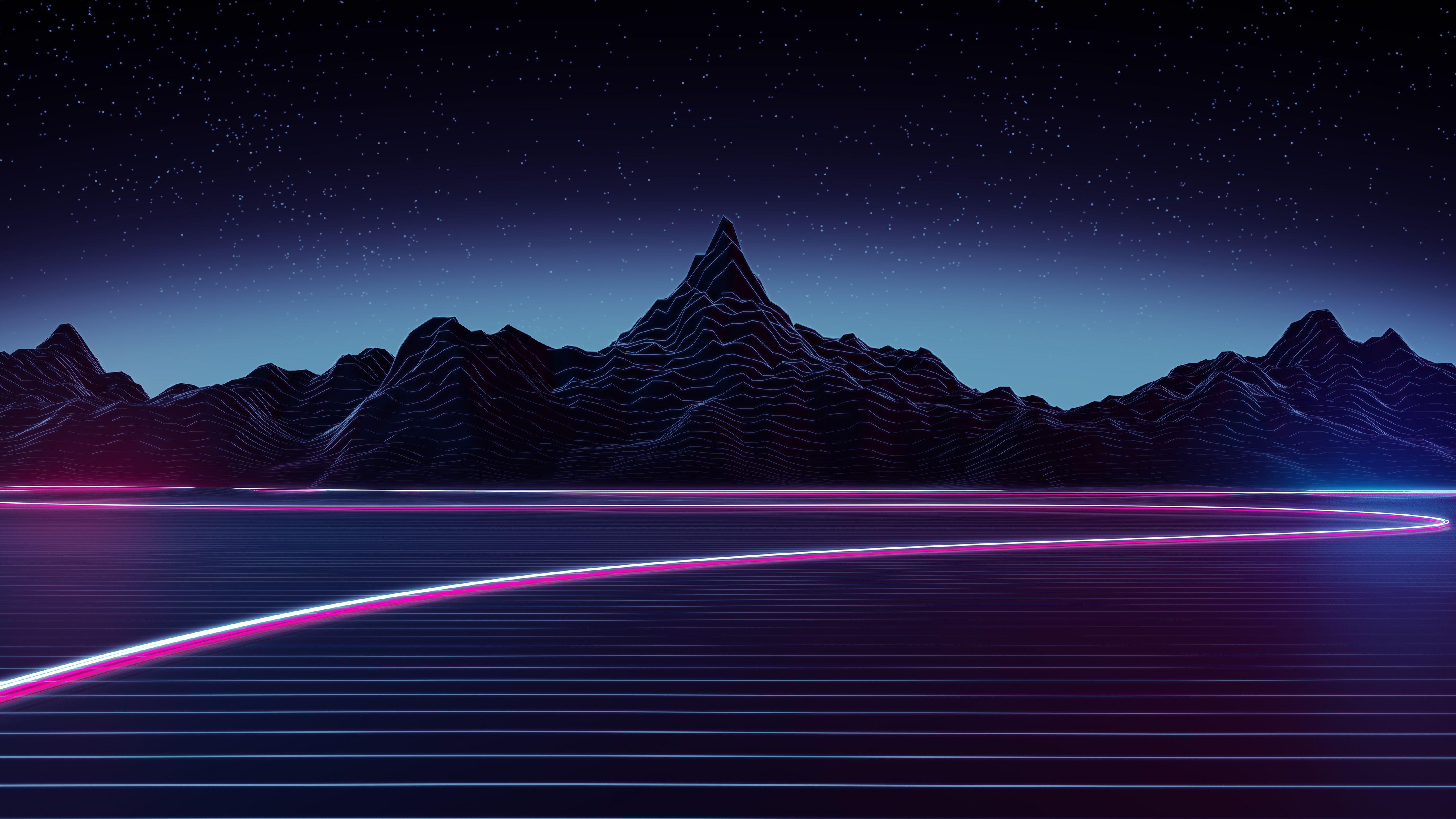 Synthwave Neon Mountain Road 5K Wallpaper