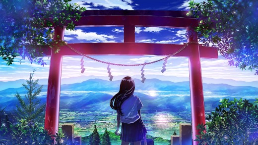 Torii Gate Anime Mountain View Wallpaper