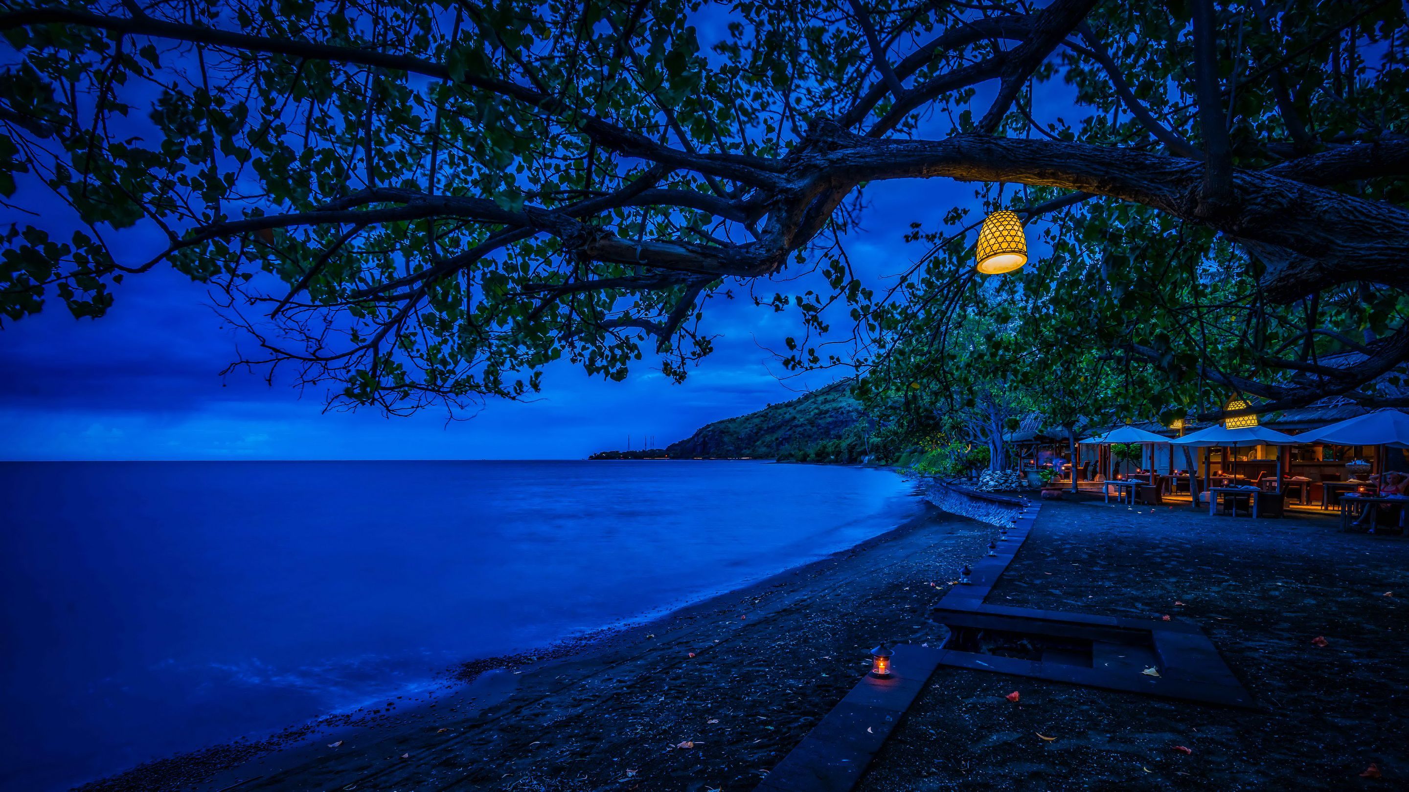 Tropical Beach Night Wallpaper with Lantern Glow – free HD wallpaper