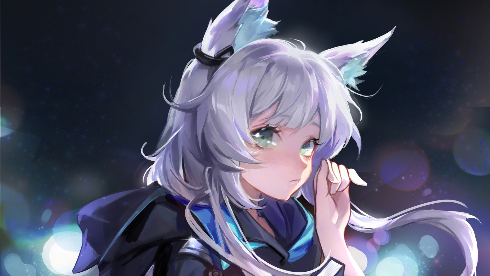 White Hair Anime Cat Girl Wallpaper