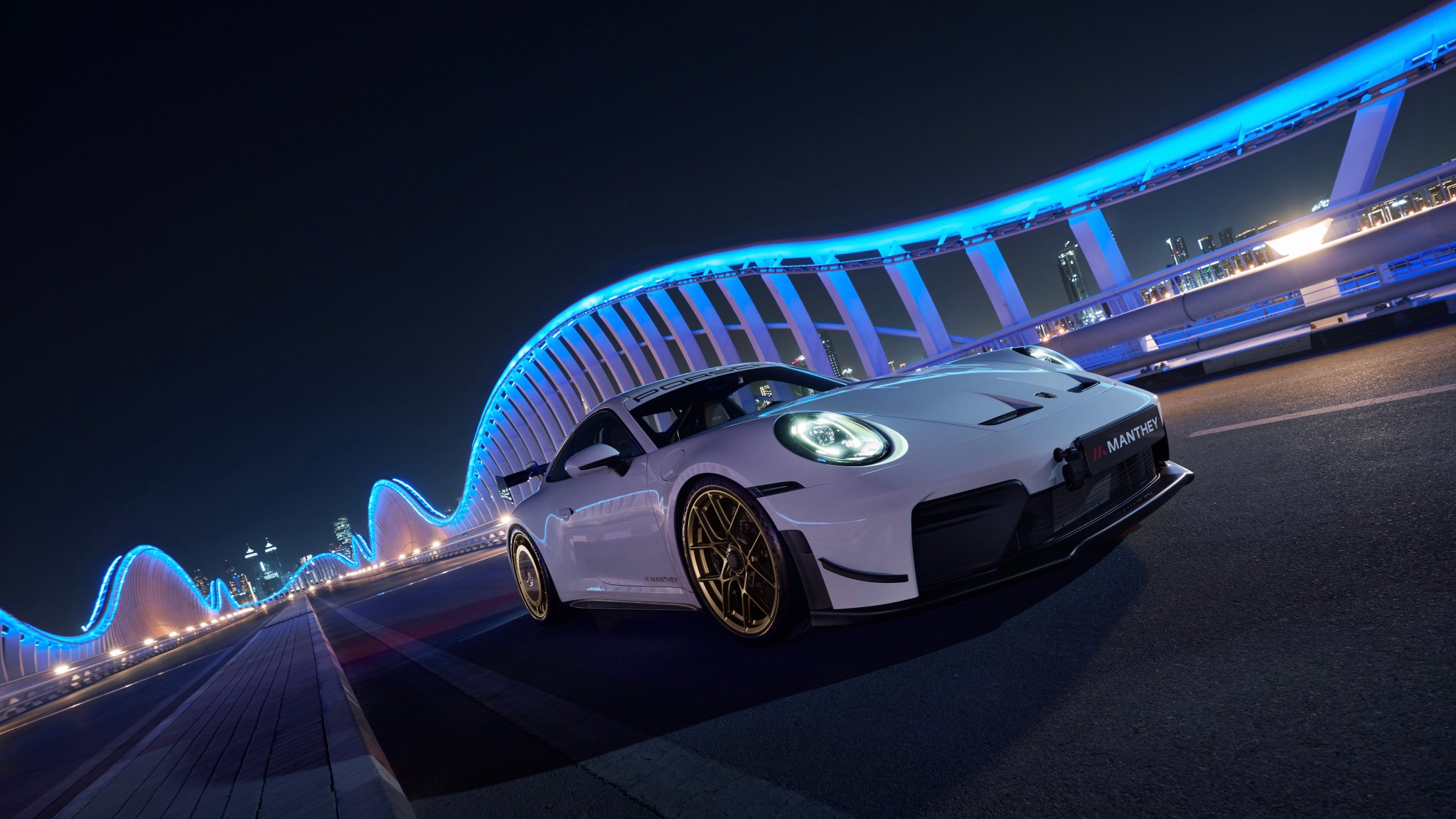 White Porsche 911 GT3 Bridge 5K Wallpaper