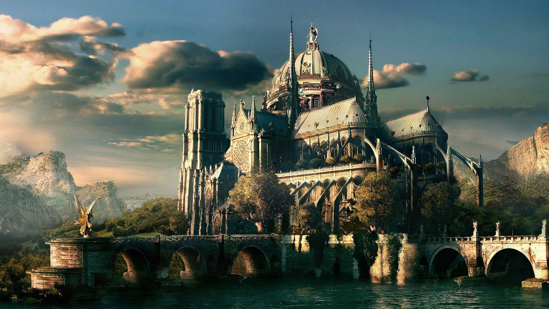Fantasy Cathedral Riverside Wallpaper – free HD wallpaper
